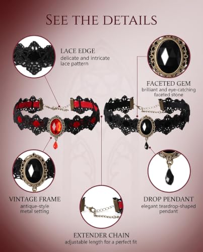 Detalle 2 de KACZUS Collane choker in pizzo nero e rosso, set da 2 con pendente