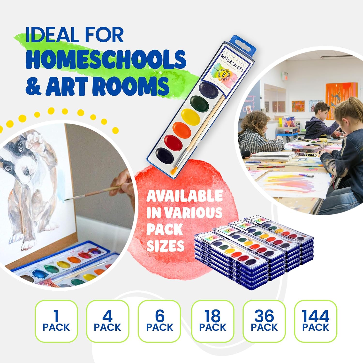 Thumbnail 4 de Color Swell Bulk Watercolors Pack with Wood Brushes - 36 Sets of 8 Washable Colors