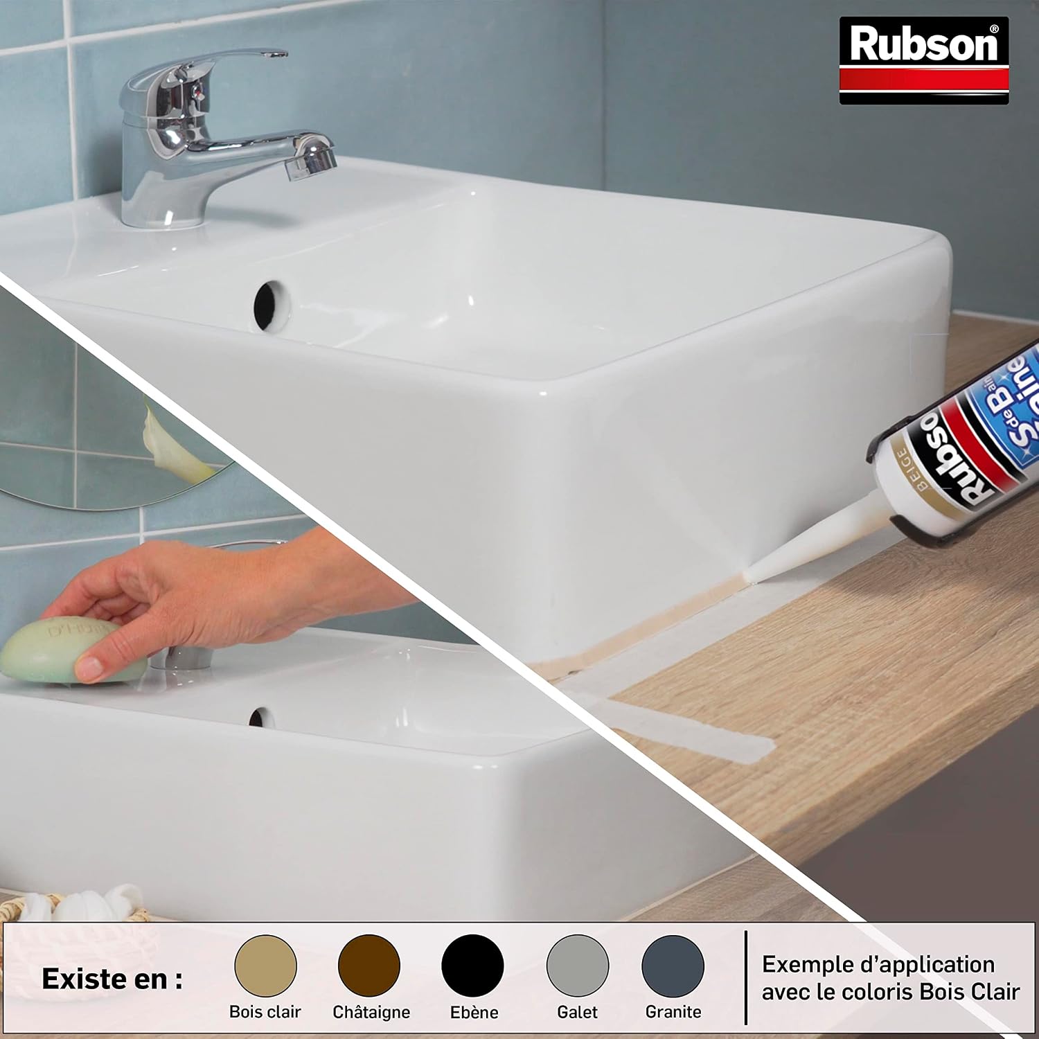 Detalle de Rubson Mastic Salle de bain Saine Couleur « Bois Clair » beige 280 ml – joint silicone sanitaire multi-matériaux antifongiques