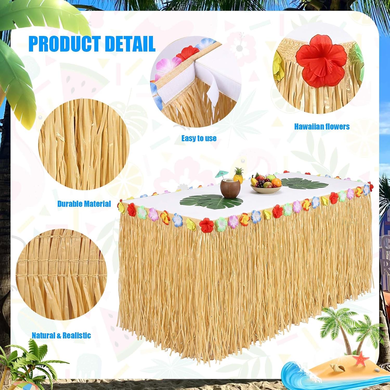 Thumbnail 3 de Bszatan 4 Pack Luau Grass Table Skirt – Natural 275x75cm Tropical Party Decor