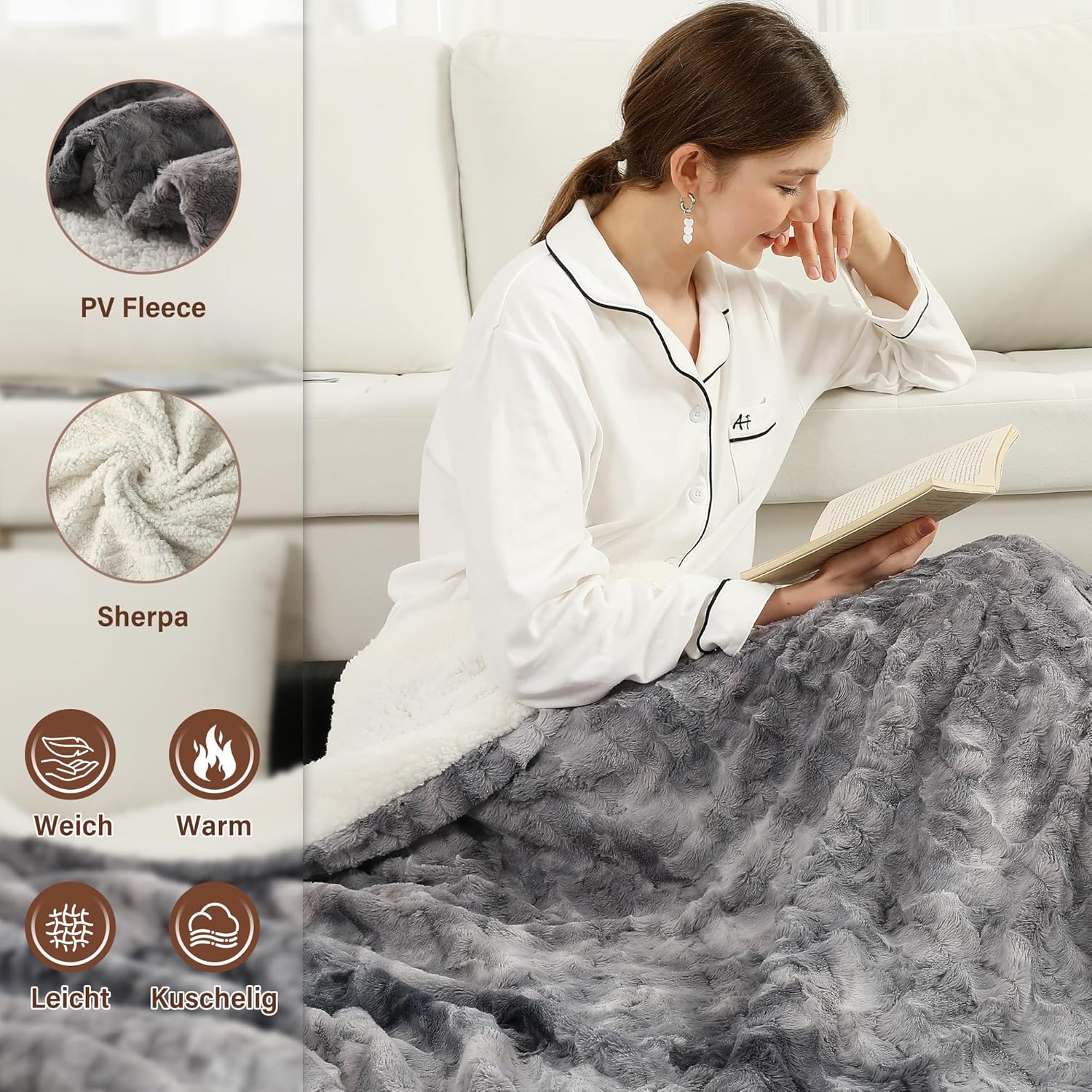 Thumbnail 1 de ESTINGO Plaid chauffant 180x130 cm double face gris-noir : 6 niveaux, minuterie 10 h et arrêt automatique