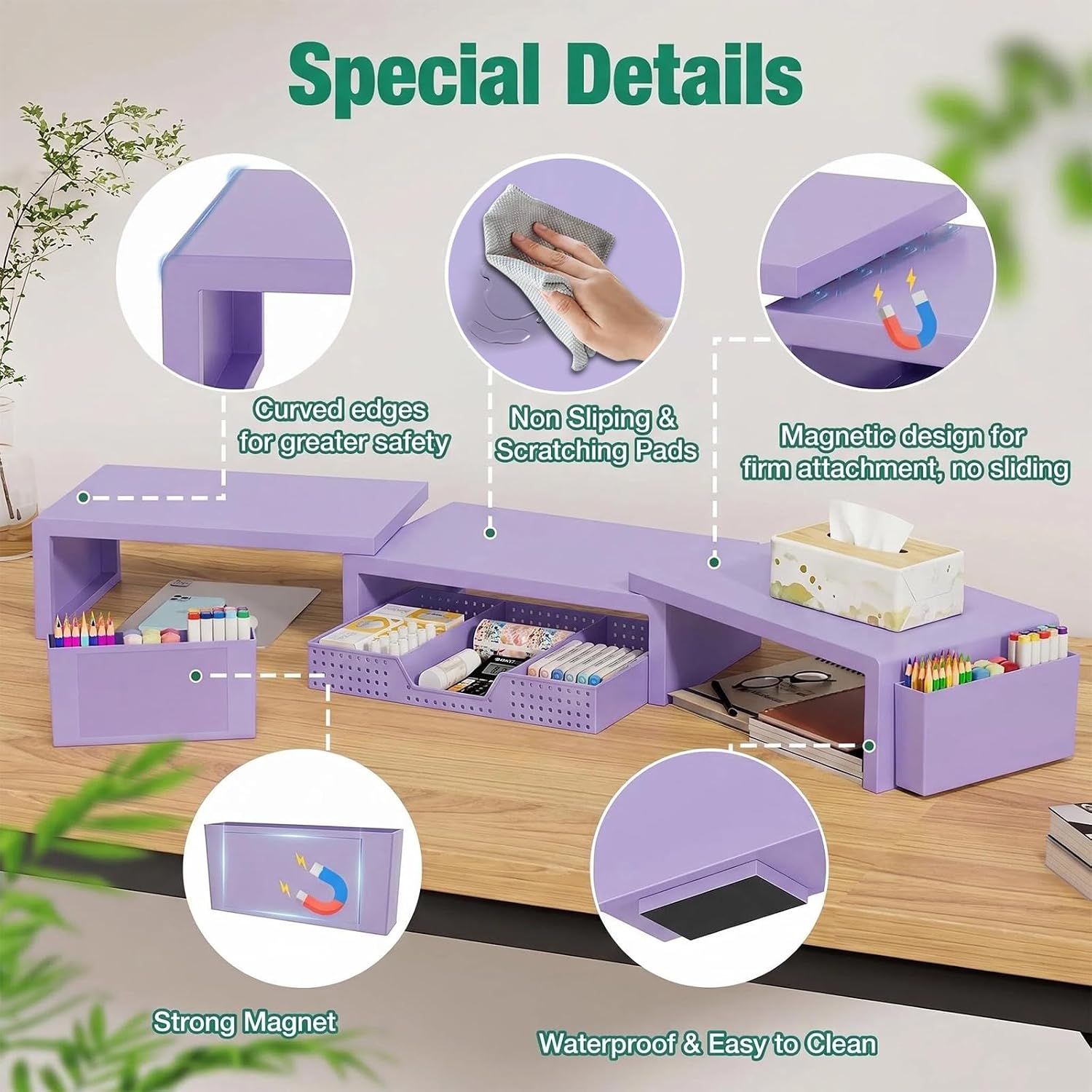Thumbnail 1 de OPNICE Monitor Stand Riser with Drawer, 2 Magnetic Pen Holders, Purple