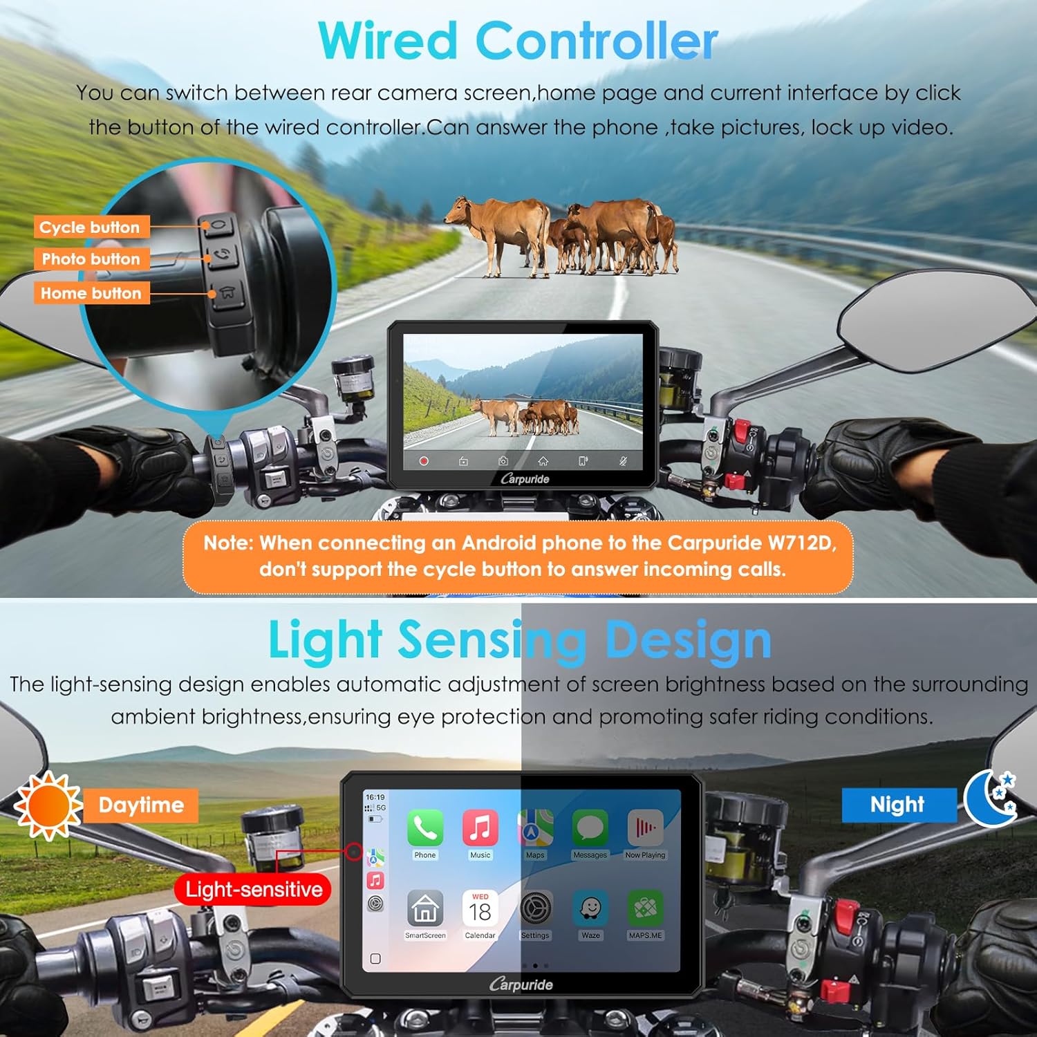 Thumbnail 6 de Carpuride W712D Motorrad CarPlay Bildschirm mit 7" Touch, 1080P Dual-Kameras & kabellosem CarPlay/Android Auto