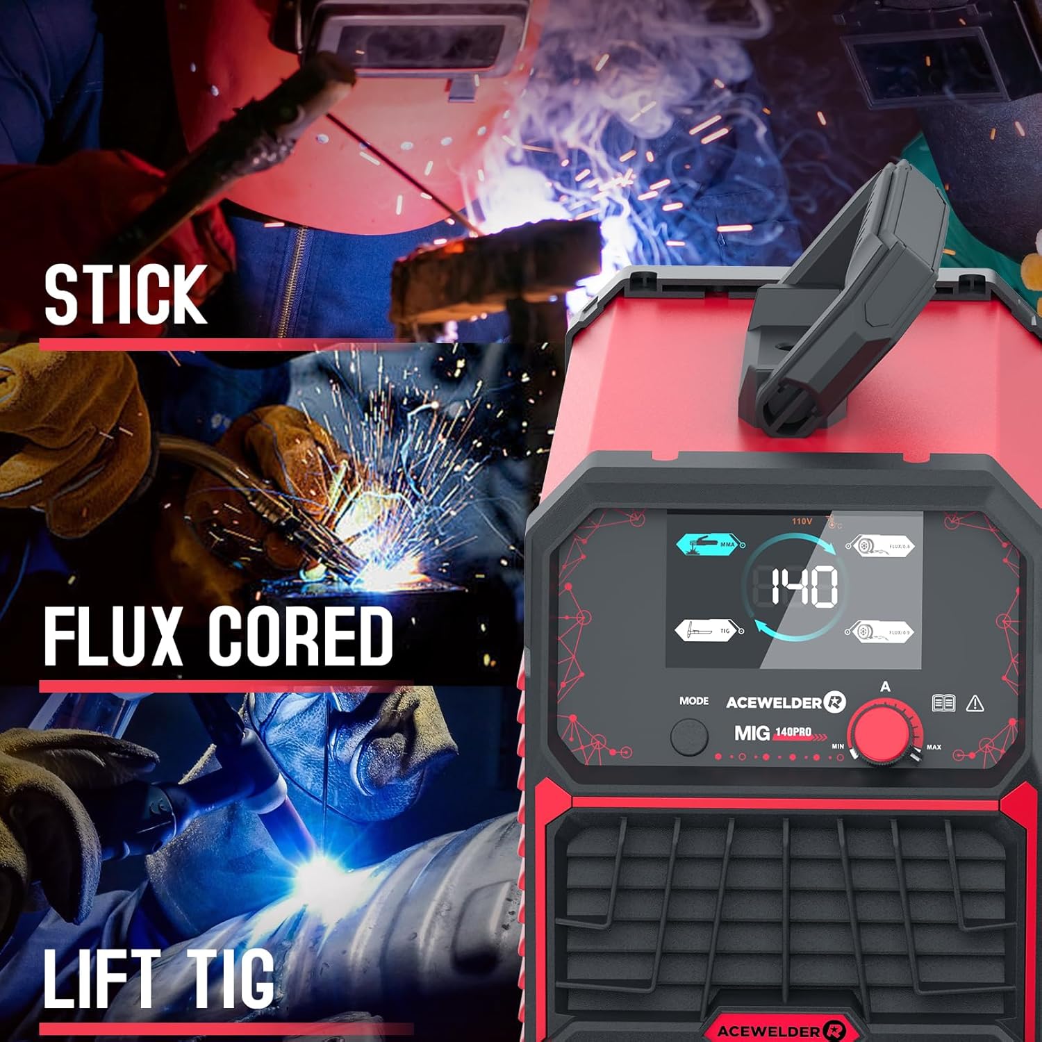Detalle 2 de ACEWELDER 140A MIG Welder: 3-in-1 Flux Core, MIG/LIFT TIG/Stick for 110V Portable DIY