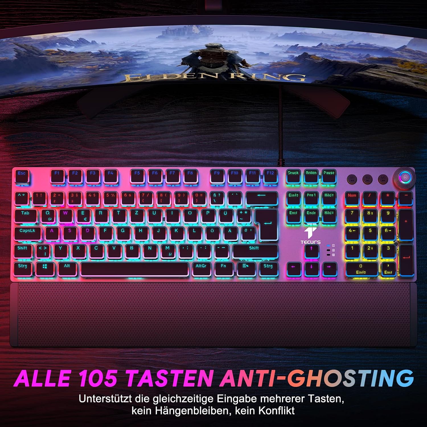 Thumbnail 5 de TECURS Mechanische Gaming Tastatur – QWERTZ mit magnetischer Handgelenkauflage, 105 Tasten, rote Schalter, 19 LED Modi