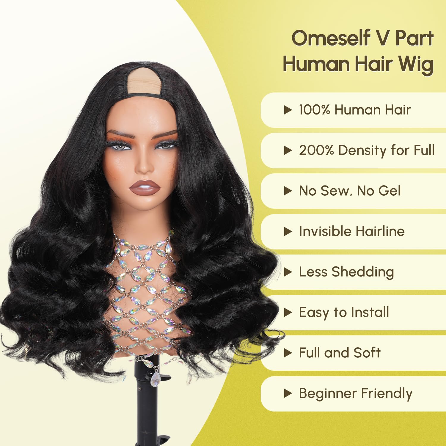 Thumbnail 2 de Omeself V Part Wig Human Hair Body Wave 200 Density – U Part, Glueless, Drawstring, 22 Inch