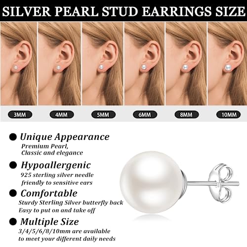 Detalle de Senteria 6 Pairs Pearl Stud Earrings for Women – Hypoallergenic 3/4/5/6/8/10mm Sterling Silver