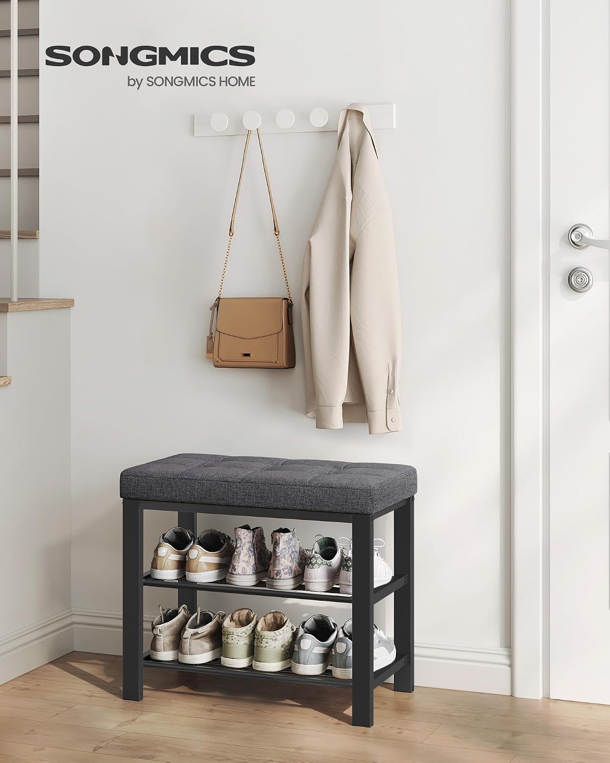 Detalle de SONGMICS ULBS576B33 Shoe Storage Bench, Padded Seat, 2-Tier Metal Rack