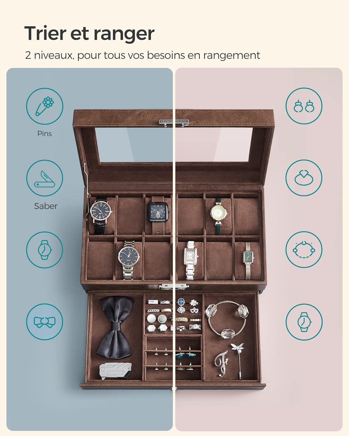 Detalle de SONGMICS Boîte à Montres 12 Emplacements JWB012K01V1 – Coffret à Montres à deux niveaux avec couvercle en verre