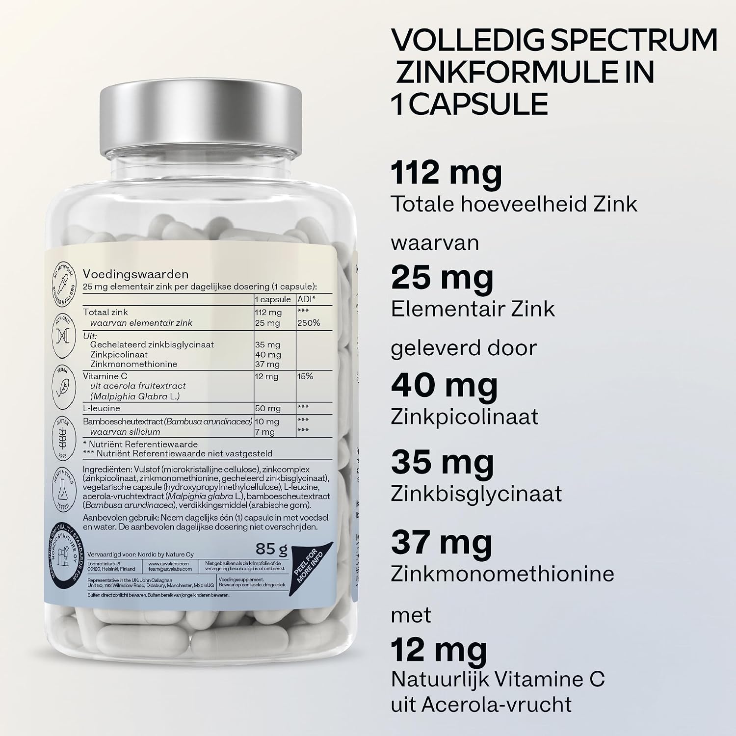Thumbnail 4 de AAVALABS Drievoudig Zink 25 mg met 3 zinkvormen en vitamine C, 180 capsules