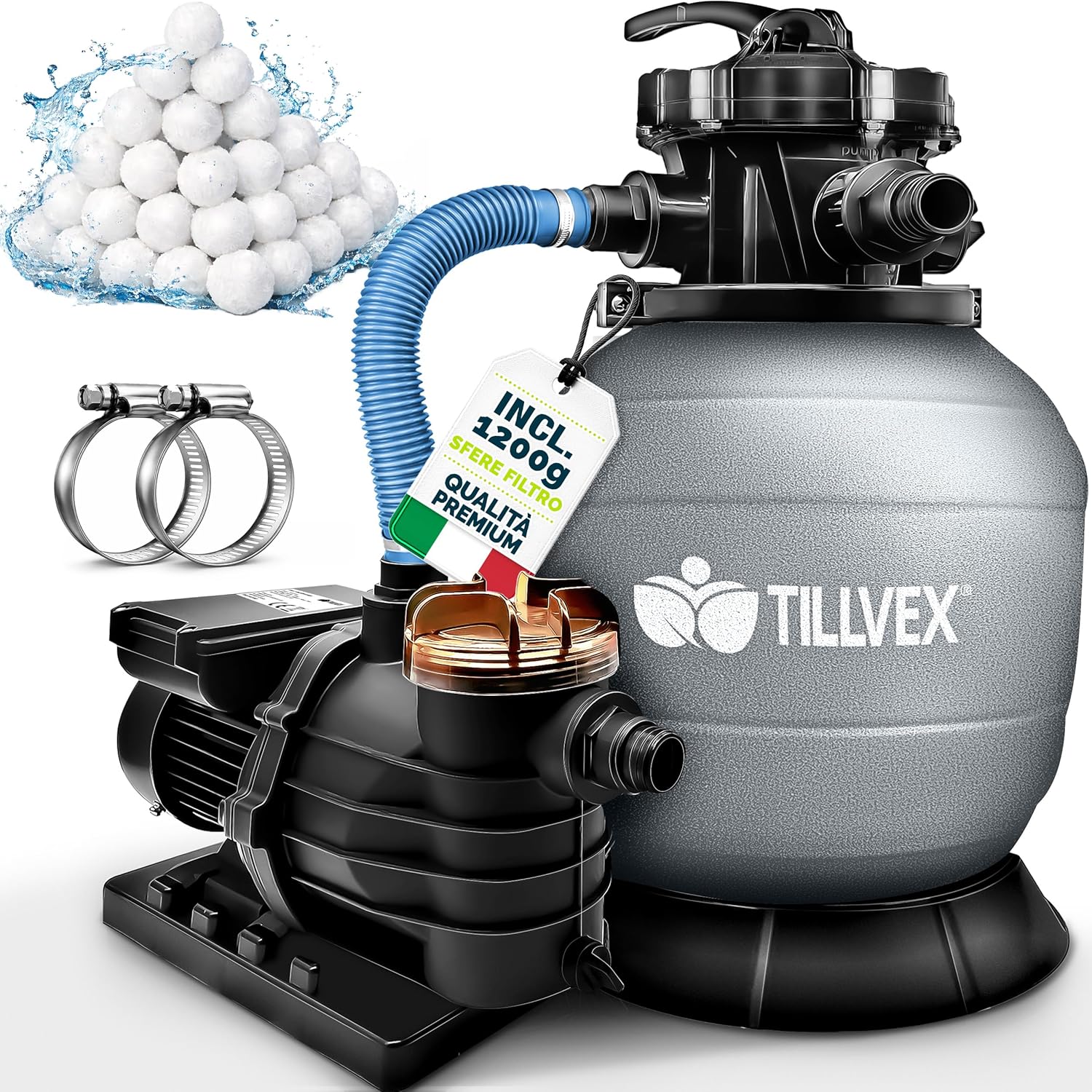 Tillvex Impianto di filtraggio a sabbia per piscina 13.200 L/h (fino a 40.000 L) con valvola 7 vie e sfere filtranti da 1200 g
