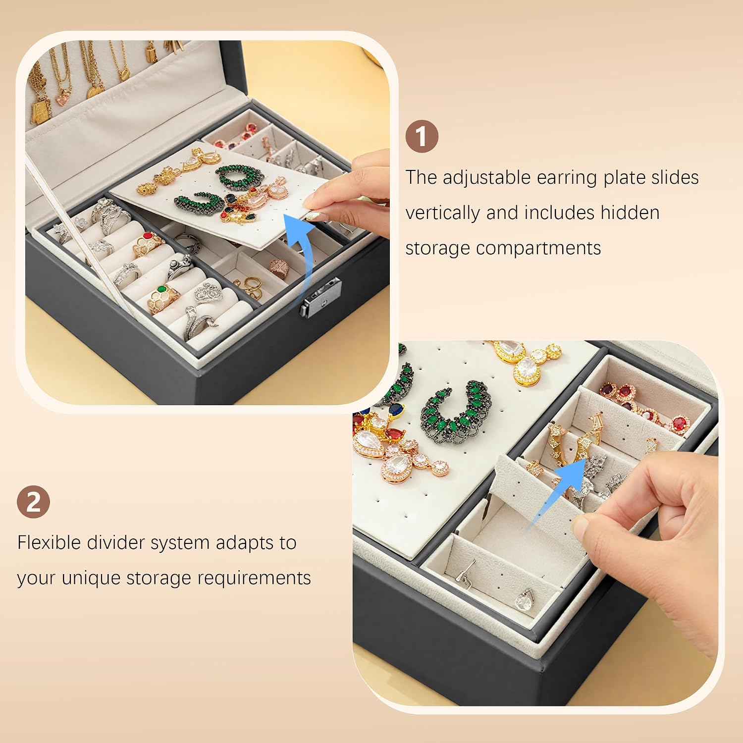 Detalle de Homeanda Jewellery Box with Lock: 2‑Layer Leather organiser for necklaces, bracelets and more