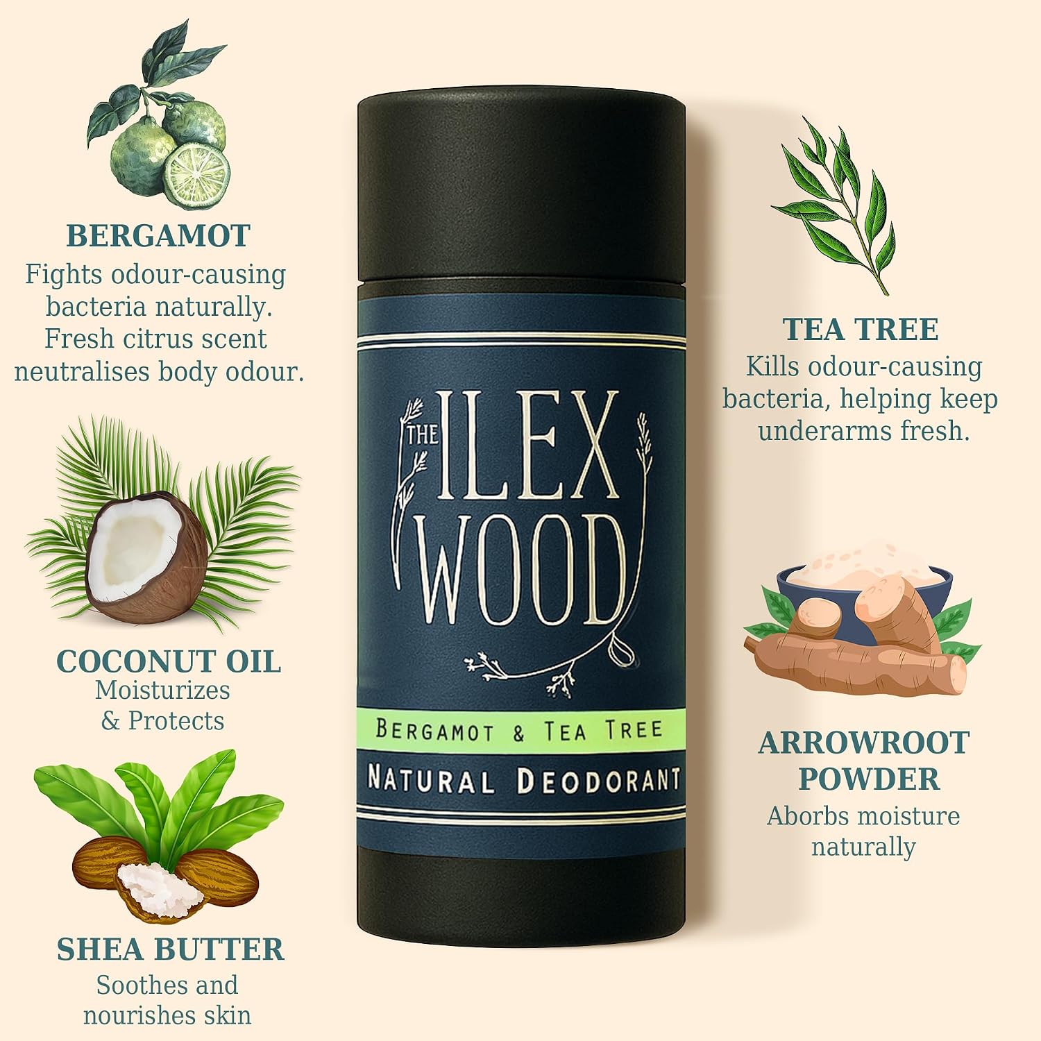 Detalle de The Ilex Wood Natural Deodorant Stick – Bergamot & Tea Tree (70ml)