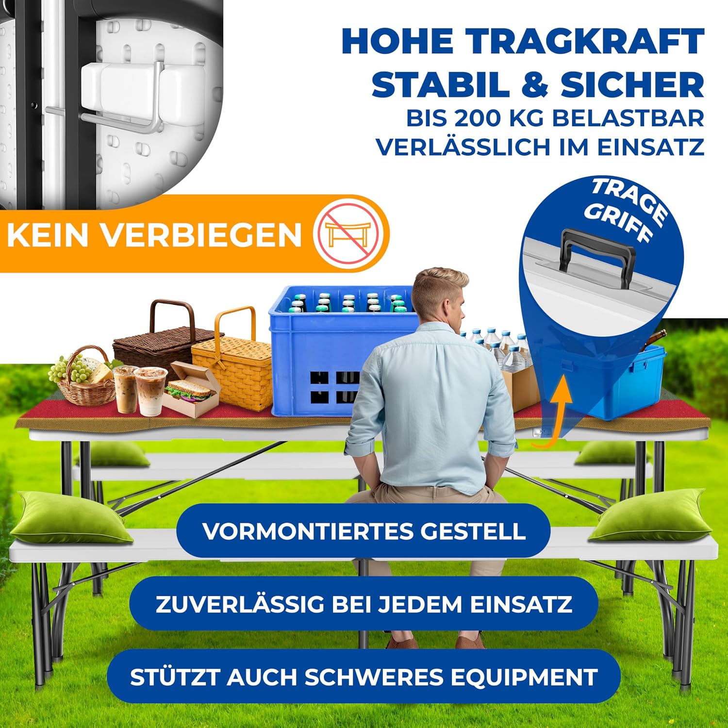Detalle de KESSER® Buffettisch klappbar aus Kunststoff (183 x 76 cm) – Campingtisch & Partytisch für bis zu 6 Personen, inkl. Cover & Tragegriff
