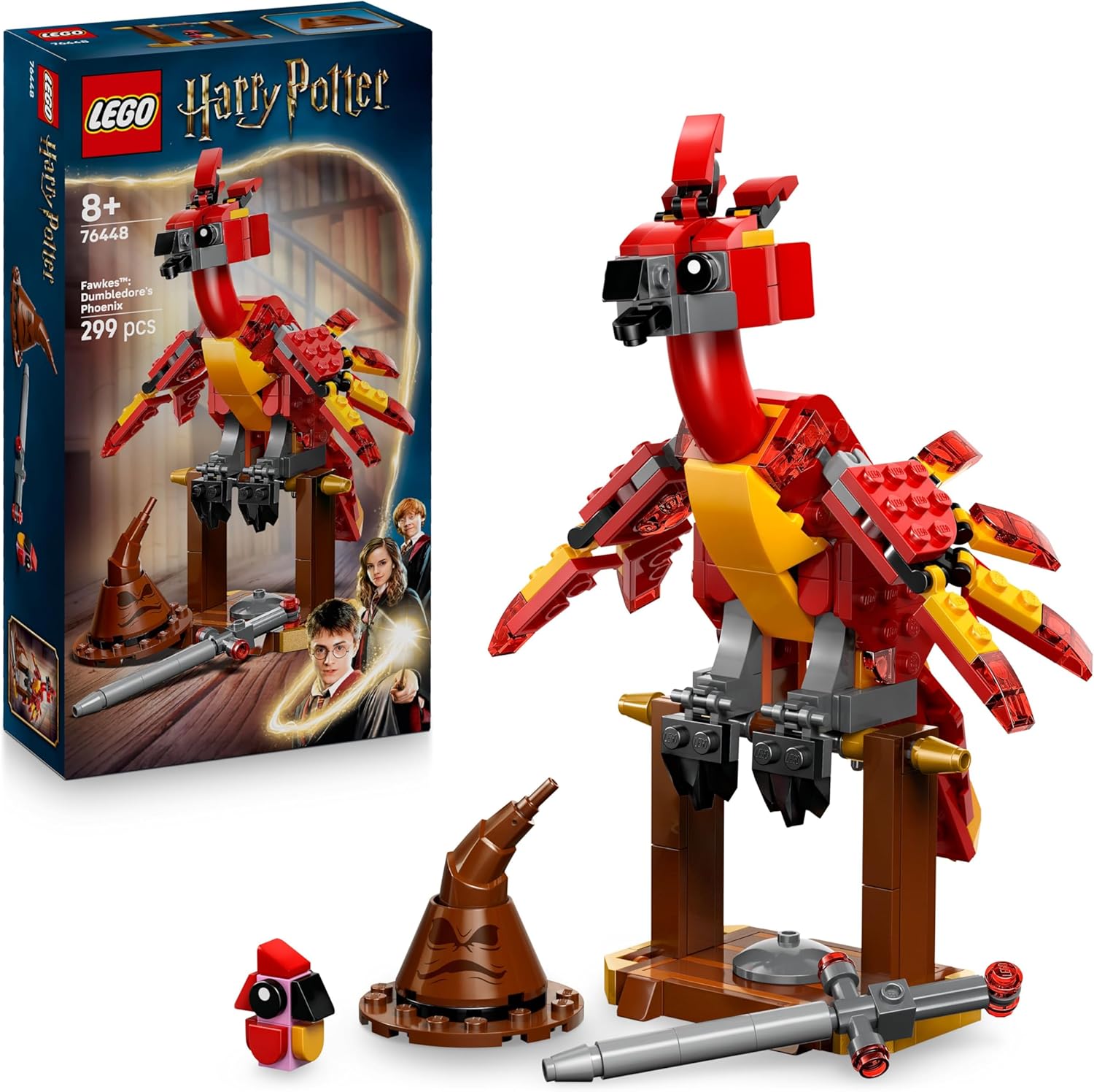 Detalle de LEGO Harry Potter 76448: Dumbledores Phönix Fawkes (Sprechender Hut, Gryffindor-Schwert & Baby Fawkes)