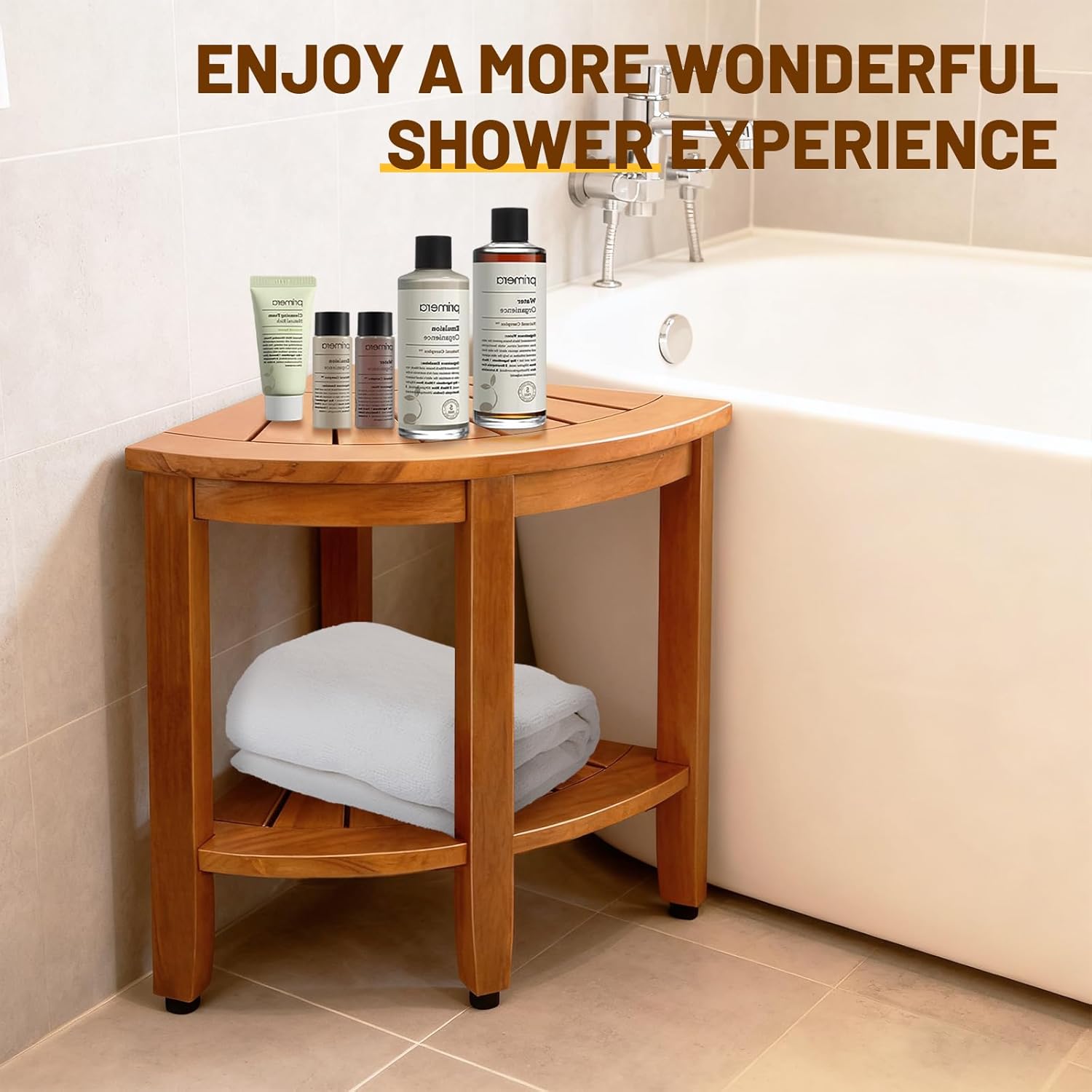 Detalle de MRTEAK 18" Premium Teak Corner Shower Bench with Shelf
