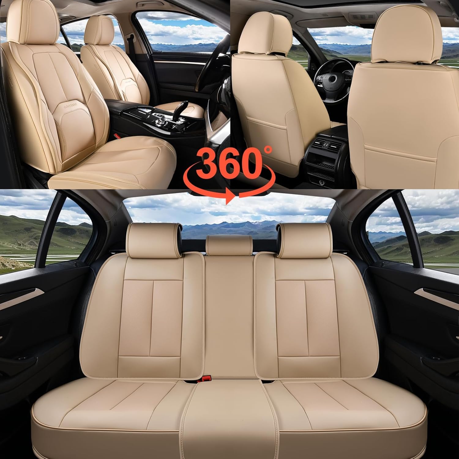 Thumbnail 6 de Coverado Car Seat Covers Full Set (Premium Faux Nappa Leather) – Waterproof Universal Fit with Lumbar Support, Beige