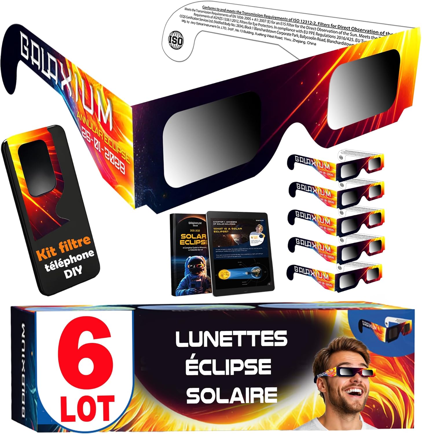 Galaxium Lunettes d'éclipse solaire [Lot de 6] – Certification ISO 12312-2 et CE pour observation directe de l’éclipse 2026