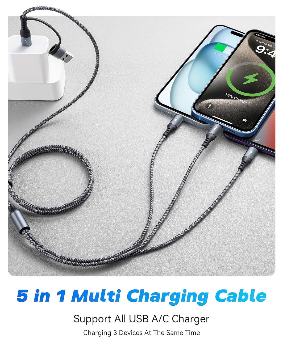 Detalle 2 de UZAHSK 5-in-1-Multiladekabel mit Datenübertragung – 1,2 m USB-A zu USB-C/Lightning/Micro-USB