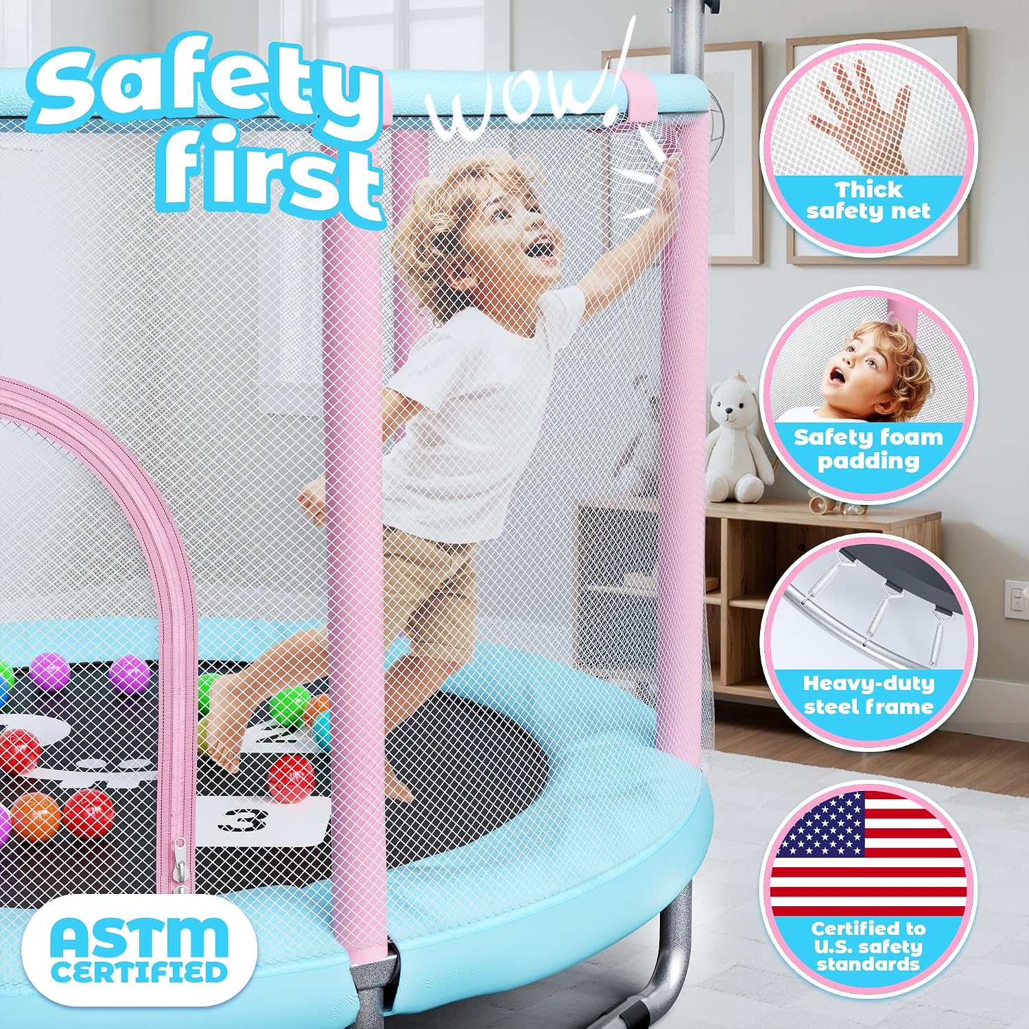 Thumbnail 1 de Happin® 55” Toddler Trampoline with Safety Enclosure Net (Ages 1-6) – Indoor & Outdoor Kids Rebounder