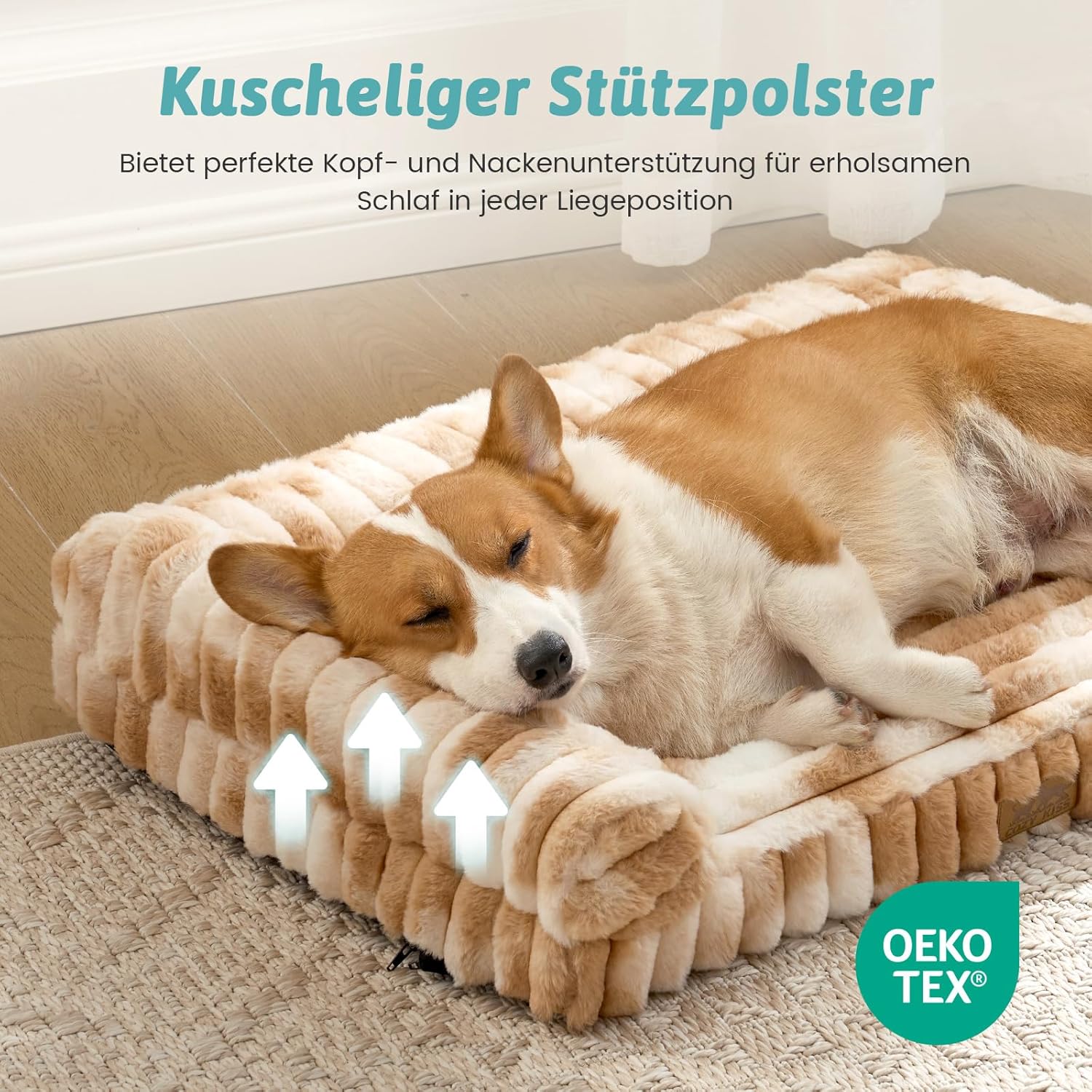 Detalle de COZY KISS Orthopädisches Hundebett für Große Hunde 90x68x15 cm – Komfortables Tierkörbchen mit Kunstfell, rutschfestem Boden und abnehmbarem Überzug
