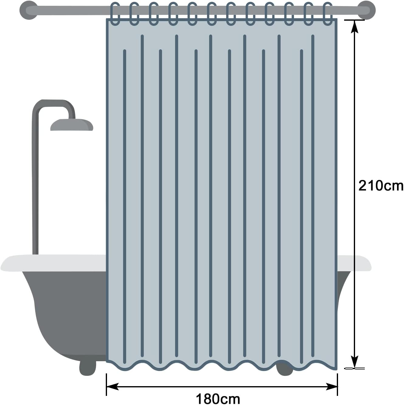 Thumbnail 6 de EurCross Rideau de douche 180 x 210 cm en EVA – poids en bas, imperméable et antibactérien (12 anneaux inclus)