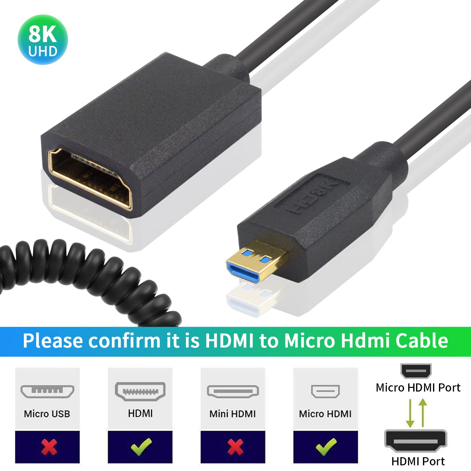 Thumbnail 1 de Duttek 8K 90 Degree Micro HDMI to HDMI Coiled Cable (1.2m) for Action Cameras and More