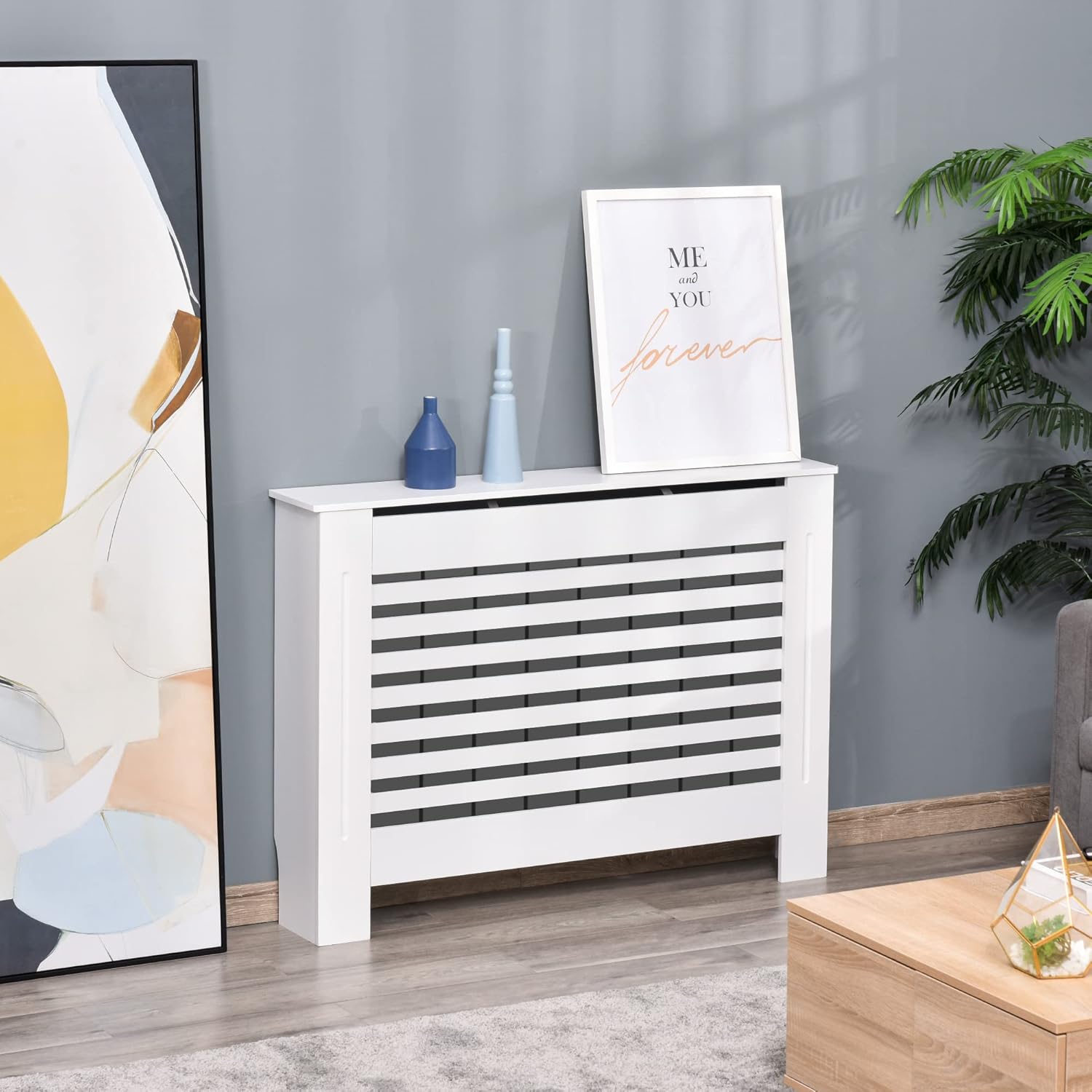 Thumbnail 1 de HOMCOM Cache-radiateur design à lattes 112x19x81 cm – MDF blanc