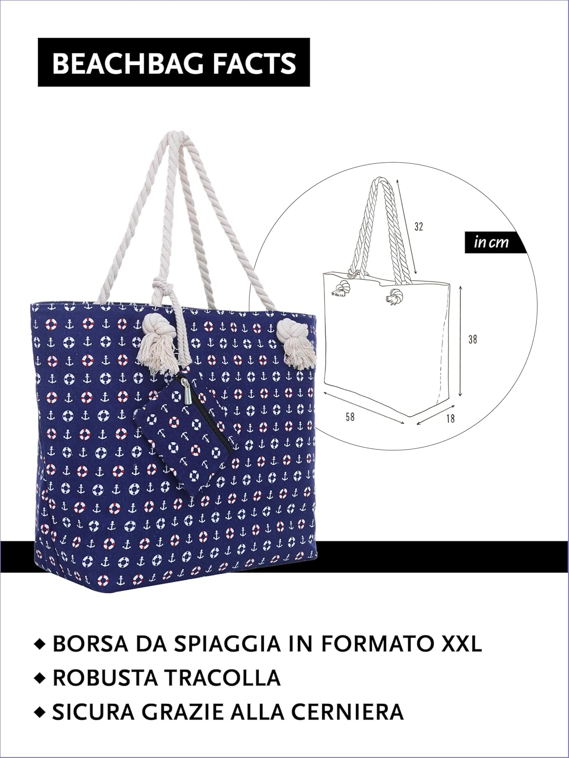 Detalle 2 de DonDon Borsa da spiaggia grande con chiusura zip 58 x 38 x 18 cm stile marinaro yacht