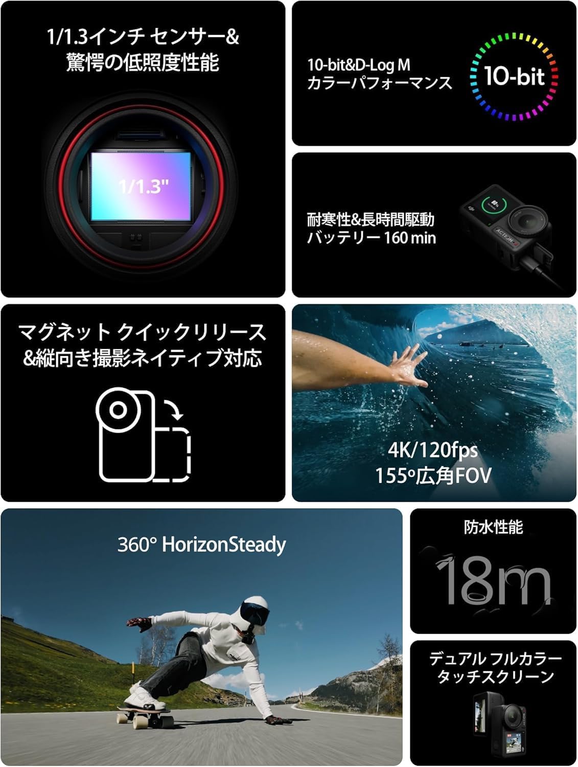 Detalle 2 de DJI Osmo Action 4 Essential コンボ 4K/120fps・1/1.3インチセンサー搭載アクションカメラ