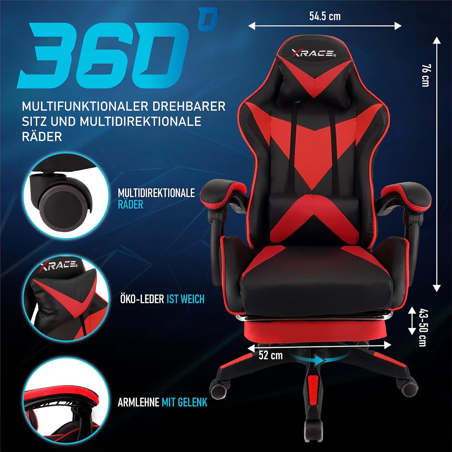 Thumbnail 2 de xRace Gaming Stuhl – Ergonomischer Bürostuhl mit Lendenwirbelstütze, Kopfstütze und Fußstütze in Rot