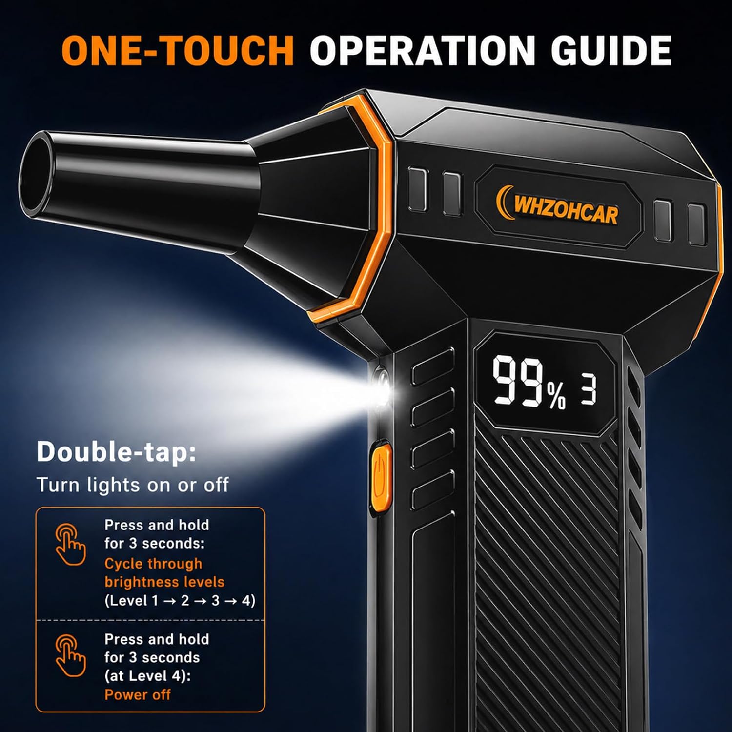 Detalle 2 de WHZOHCAR C10 draadloze luchtblazer, 4 snelheden en 12.000 mAh