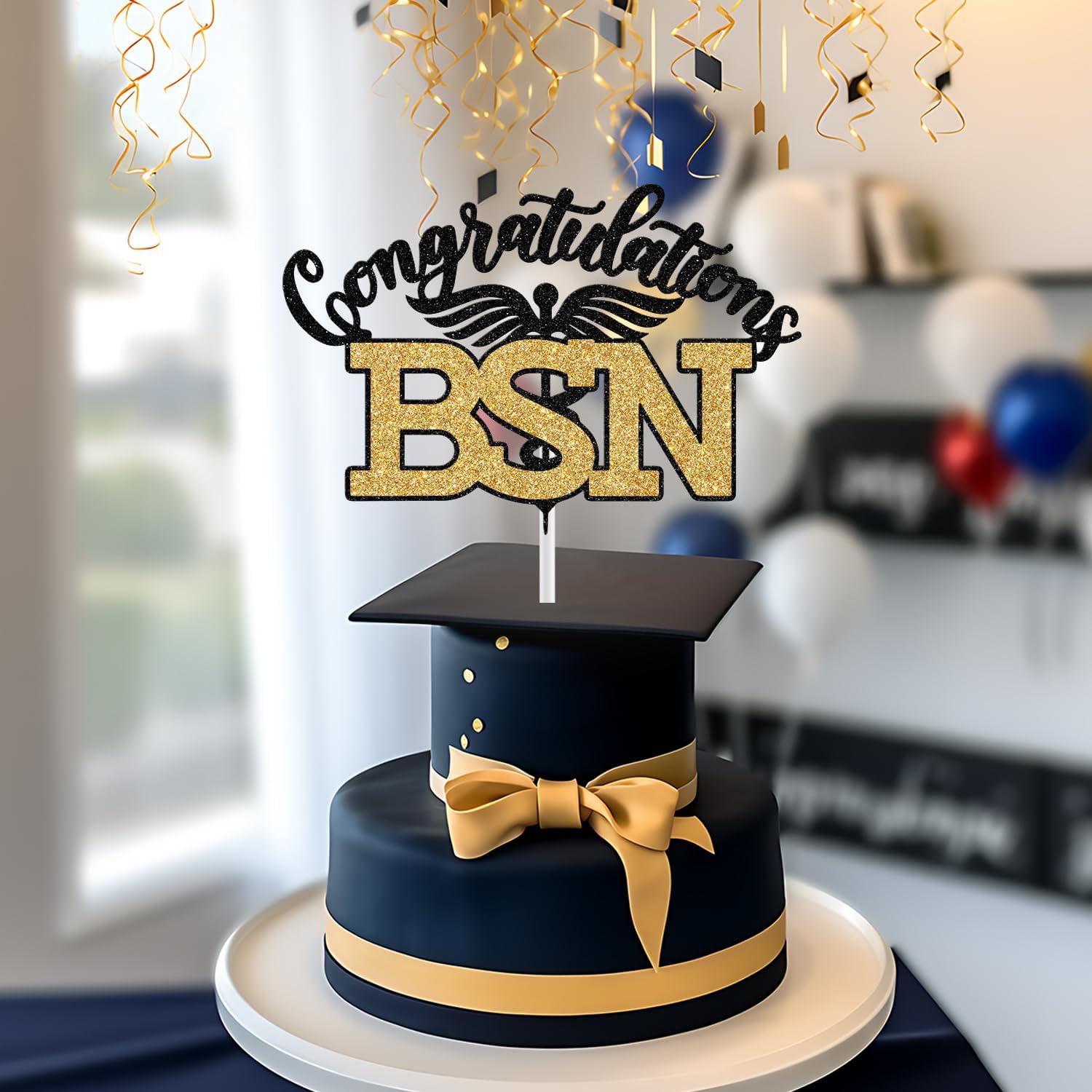 Thumbnail 2 de BSN Graduation Cake Topper, Black and Gold Glitter