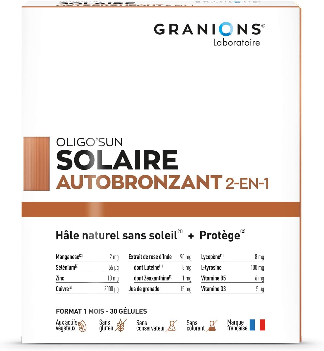 Detalle de BRONZAGE – Autobronzant en gélules 2-EN-1 GRANIONS, complément alimentaire (1 mois, 30 gélules)