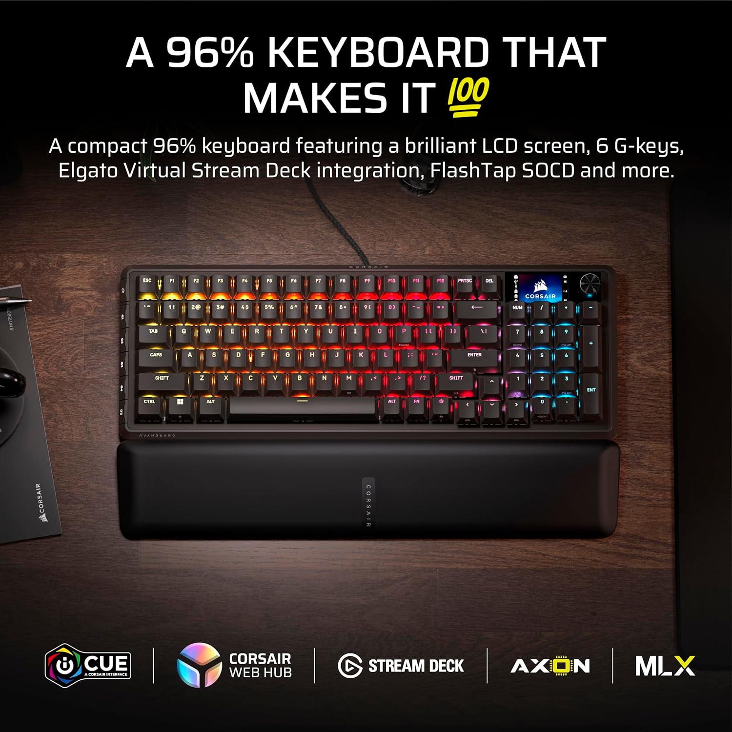 Thumbnail 1 de Corsair Vanguard 96 Wired Mechanical Gaming Keyboard (96% Layout, MLX Fusion Tactile, LCD Display, 8000Hz) – Black