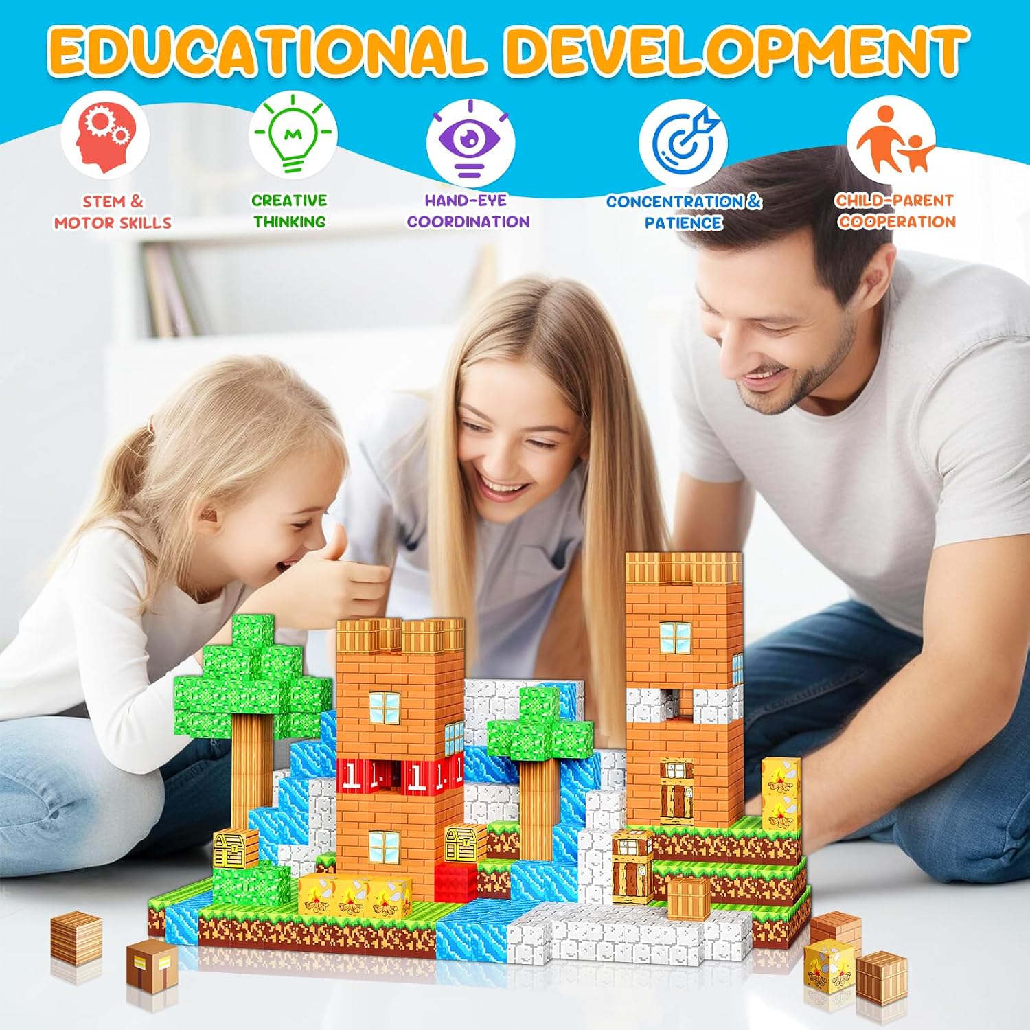 Detalle de Jooyflares 100PCS Magnetic Blocks: Pixel Village Builder for Creative STEM Play