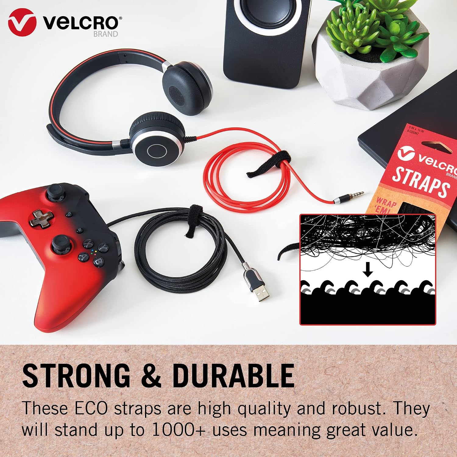 Detalle de VELCRO Brand Eco One-Wrap återanvändbara remmar, 10 mm x 13 cm, svarta, 6-pack