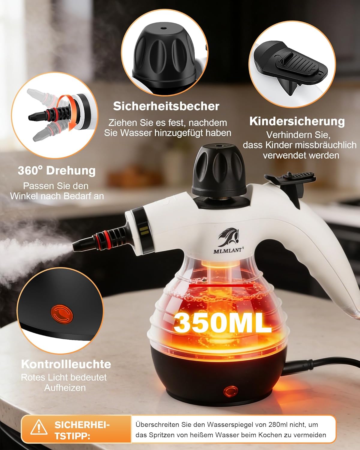 Detalle de MLMLANT Dampfreiniger – tragbar, 1050 W, 350 ml Fassungsvermögen, 10-teiliges Zubehörset