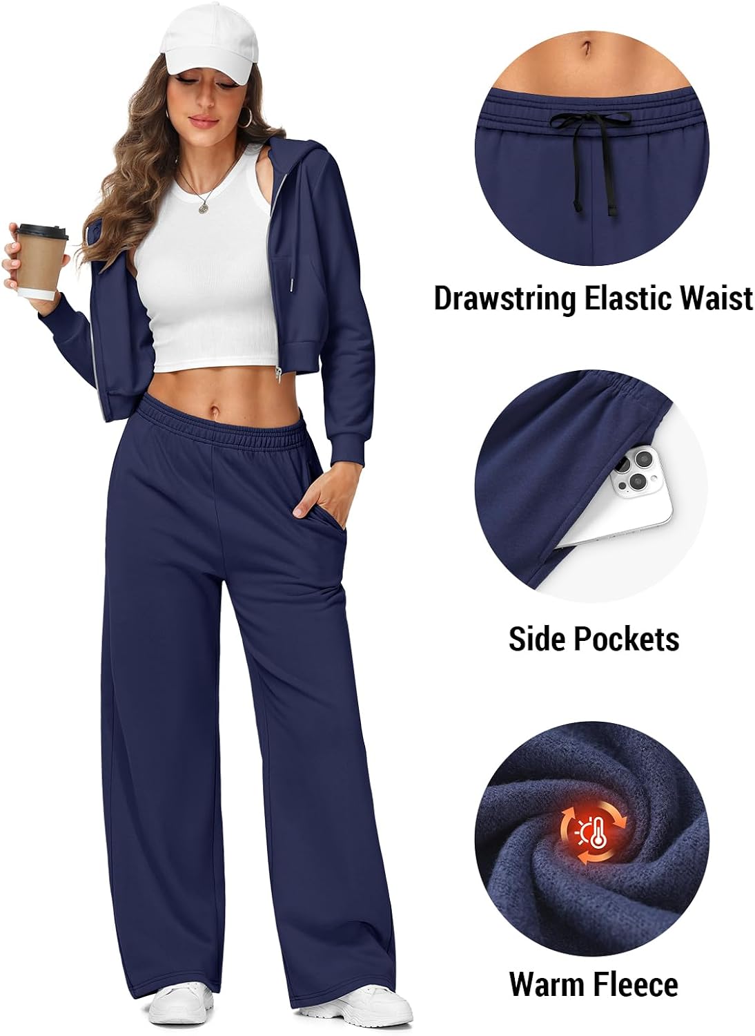 Detalle 2 de HMIYA Women's Cotton Fleece Sweatpants, Wide-Leg, 27.4–27.8 in Inseam