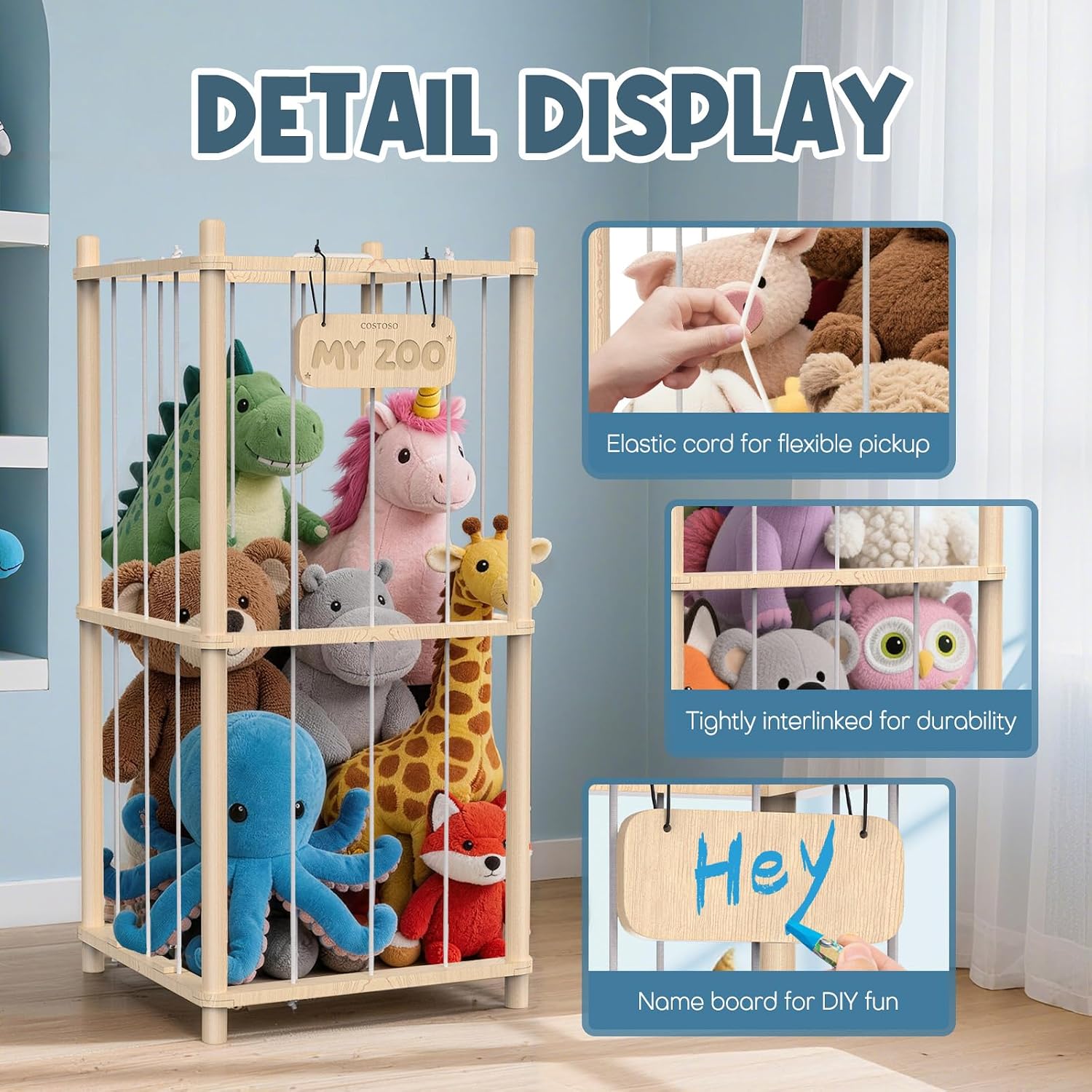 Detalle de FunreemaG SSF3 XJH4 Pine Wood Stuffed Animal Storage Organizer