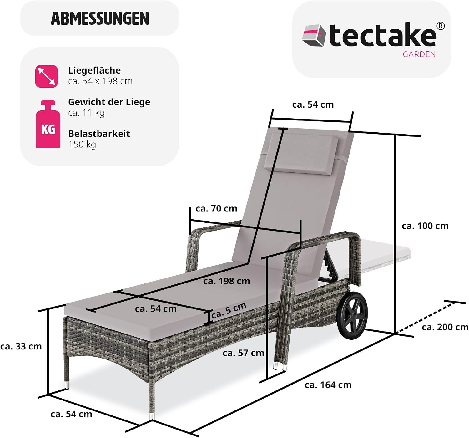 Detalle de tectake 404588 solsäng i konstrotting med hjul och ryggstöd i 6 lägen