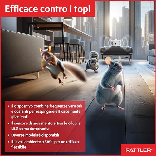 Detalle de PATTLER Dissuasore Ultrasuoni per Topi – Repellente 360° 3 Modalità, copertura 180 m², interno/esterno