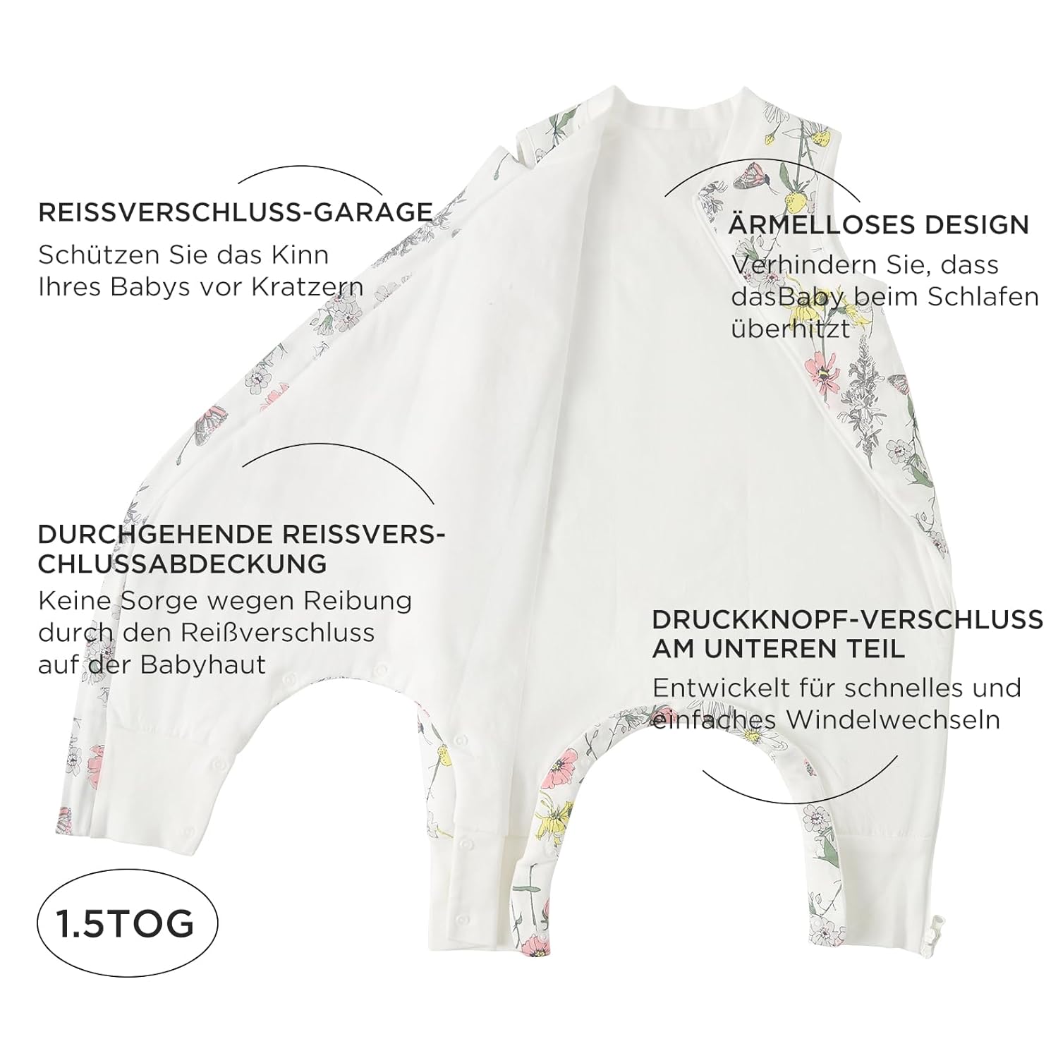 Detalle de Duomiaomiao Schlafsack mit Füßen – Ganzjahres-Baumwoll-Schlafsack für Babys (1,5 Tog) in Blumen-Design, 65–95 cm