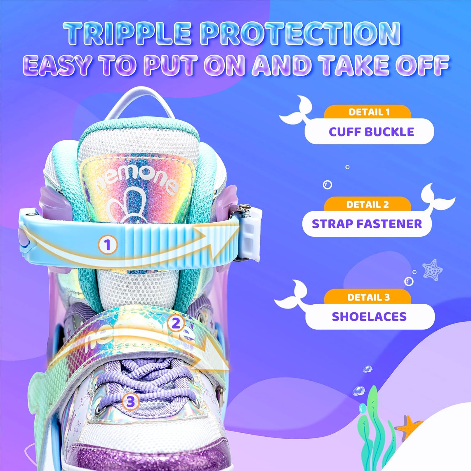 Thumbnail 4 de NEMONE Mermaid 4 Size Adjustable Light Up Roller Skates for Girls