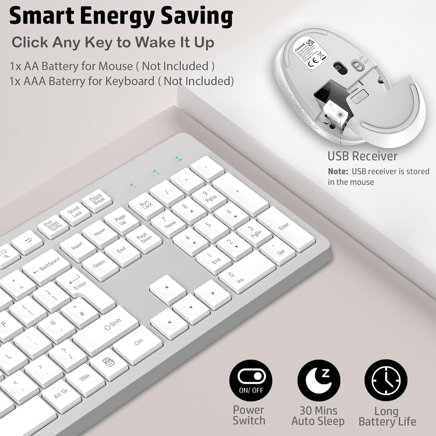 Detalle de LeadsaiL Wireless Keyboard and Mouse Set (UK layout) – Full Size, Ergonomic Stand, Noiseless Click, 12 Shortcuts, White & Grey