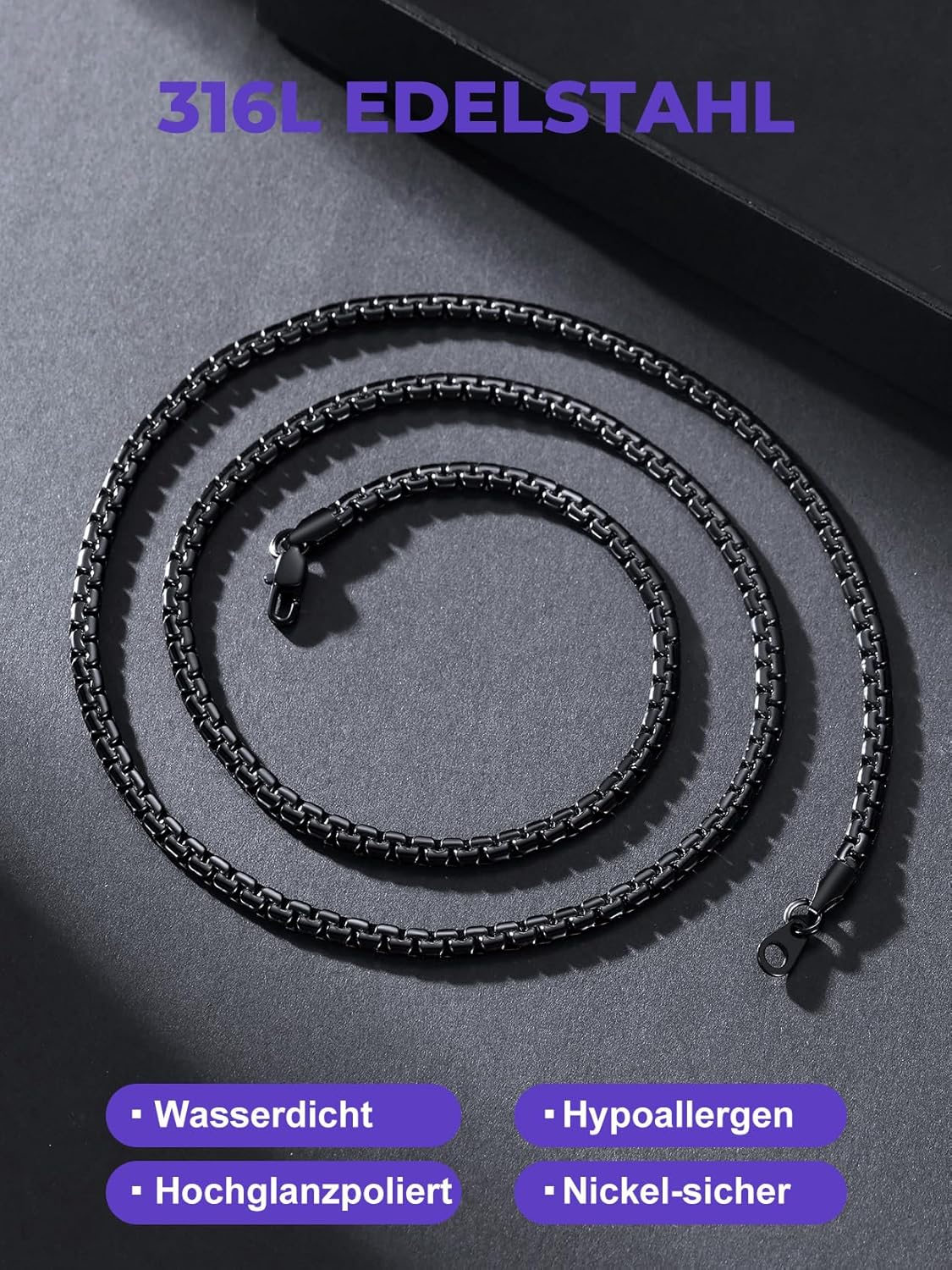 Thumbnail 2 de Richsteel 2/4/6 mm Edelstahl-Kette (Halskette) in Silber/Schwarz/Vergoldet – wählbare Längen 35–76 cm