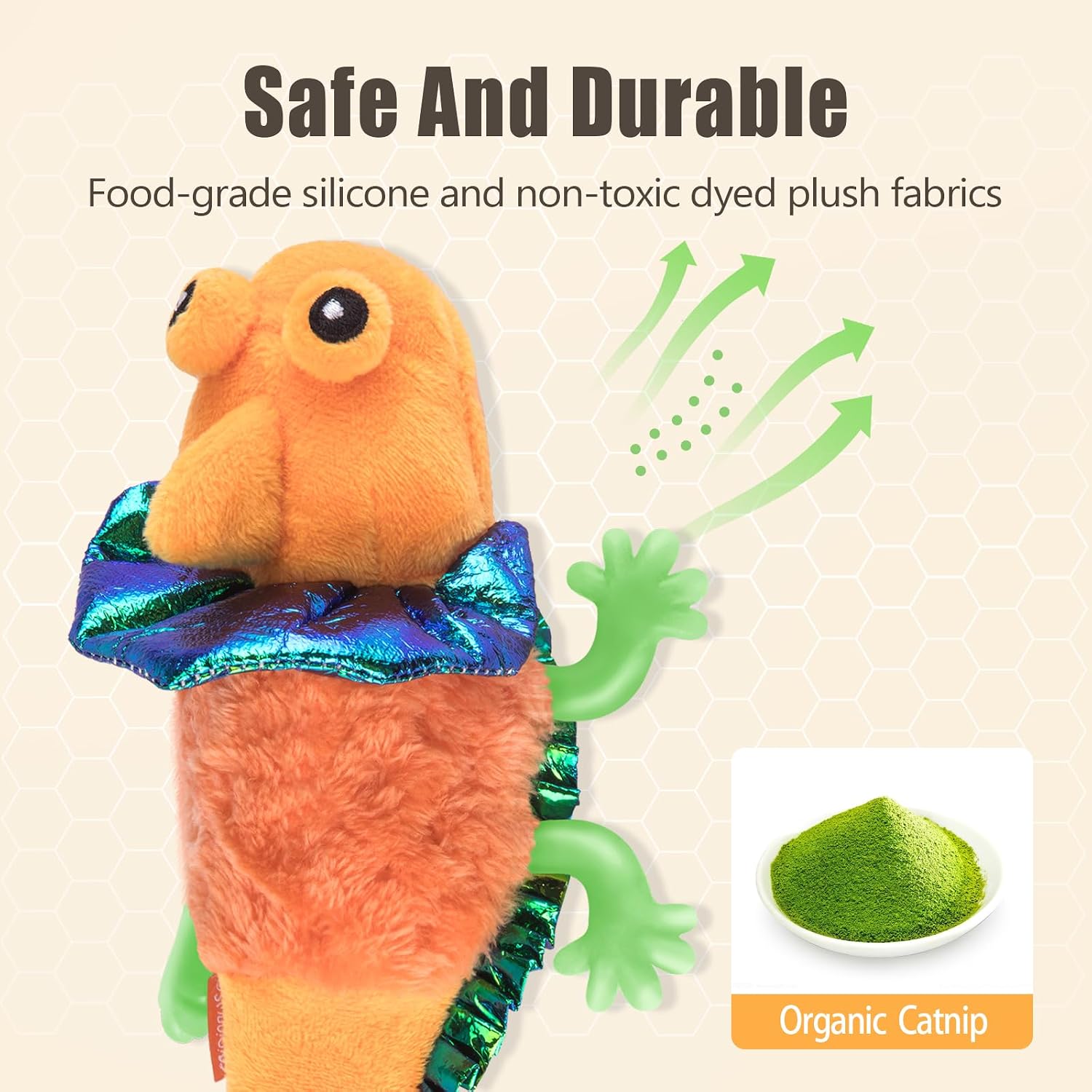 Detalle 2 de Migipaws touch-activated flapping & chirping lizard kitten toy (USB rechargeable, catnip)