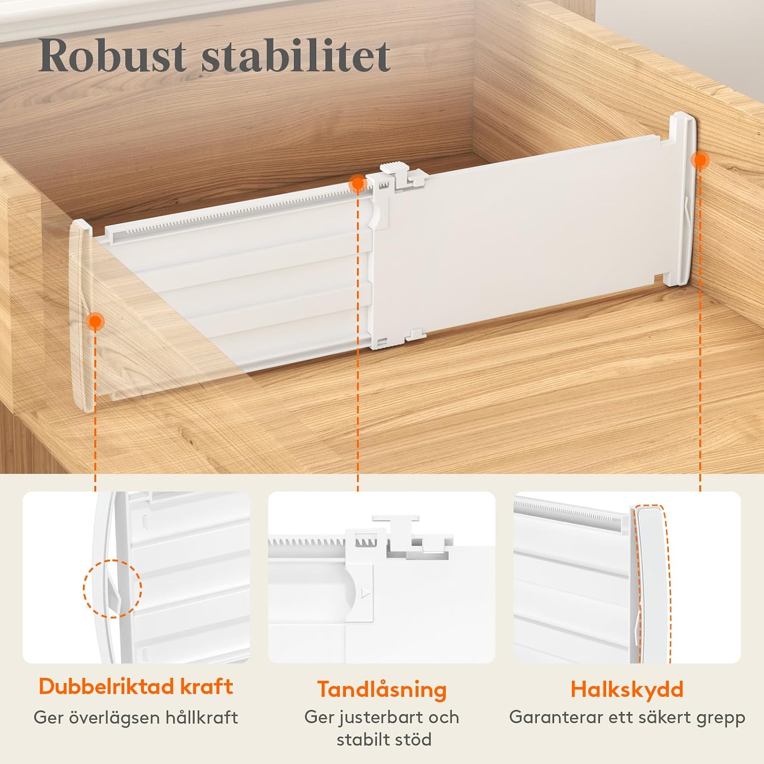 Detalle de Lifewit 25055 justerbara lådavdelare, 4-pack, vita, 29,5–47 cm