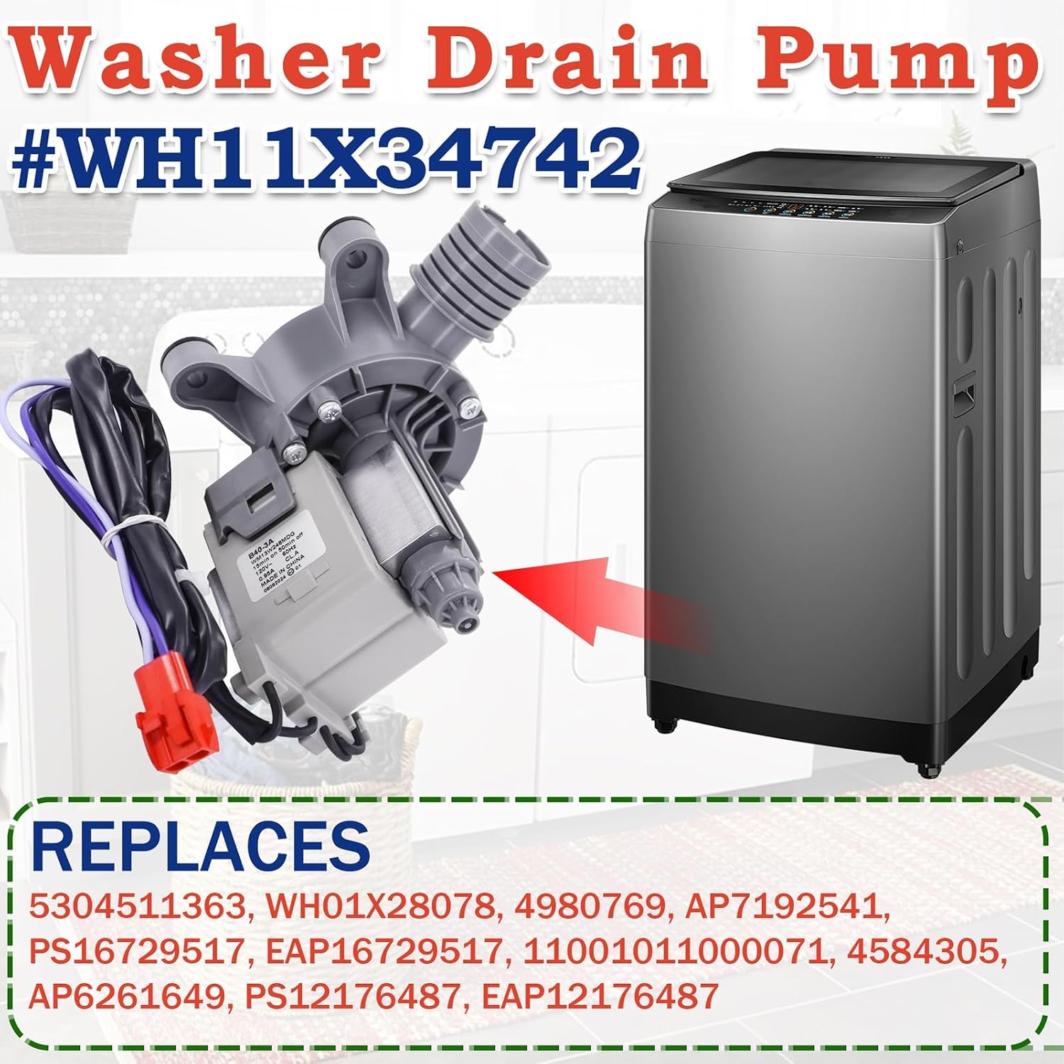 Thumbnail 1 de Bakaoof WH11X34742 Washer Drain Pump, 120V Replacement for Listed Models