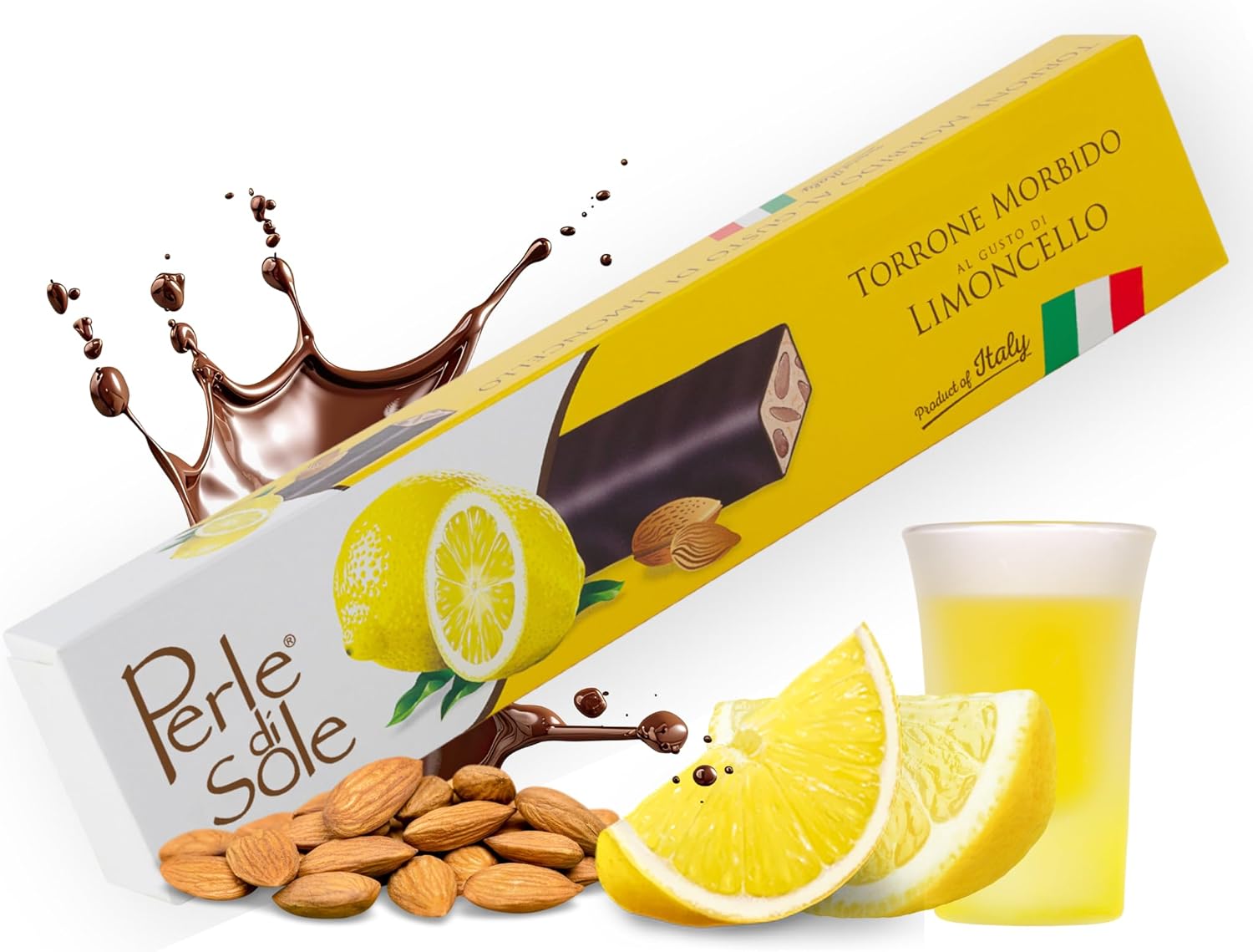 Detalle de Perle di Sole – Torrone Morbido Fondente al Limoncello, 150 g: artigianale italiano con mandorle e rivestimento di cioccolato fondente
